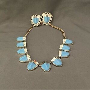 Vintage necklace and clip on earring set Silvertone and blue insets